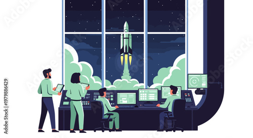 People working on computers launching rocket.