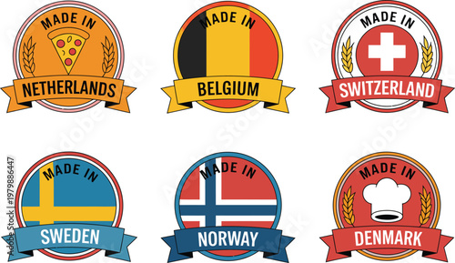 Collection of circular badges featuring national flags and origin labels for various European countries and products