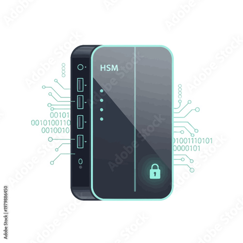 Hardware Security Module (HSM) device with digital circuits and binary code, concept of data encryption