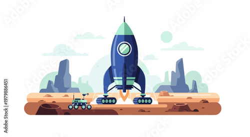 Rocket launch on an alien planet surface.