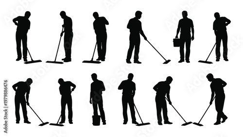 A collection of black silhouette figures depicting various poses of people cleaning with brooms and mops high quality professional detailed modern