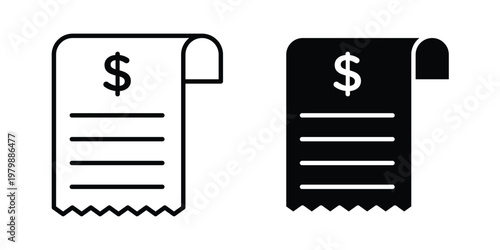 paper check receipt icon. Flat and outline icons. Black icons