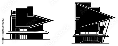 Modernist building silhouettes featuring sharp angular roofs and contemporary architecture