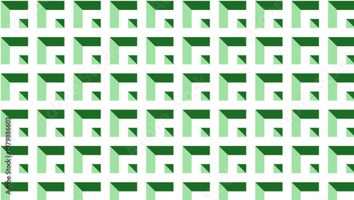 Seamless green geometric embossed pattern with 3D square elements on white background.