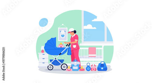 Woman pushing baby stroller outside hospital.