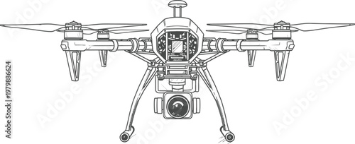 A detailed illustration of a drone with a camera flying in the air