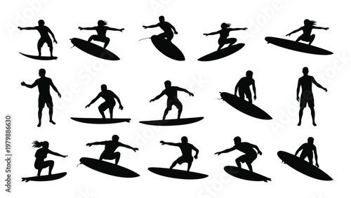A collection of black silhouettes depicting surfers riding waves on surfboards and individuals standing on a beach high quality professional detailed
