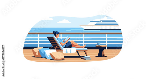 Woman Relaxing on Deck Chair Ocean.