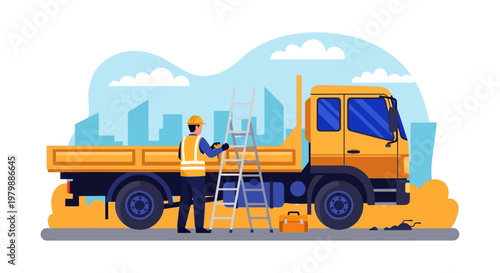 Worker on ladder loading cargo onto a flatbed truck.