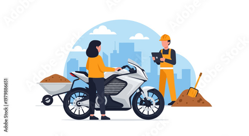 Woman standing next to motorcycle.