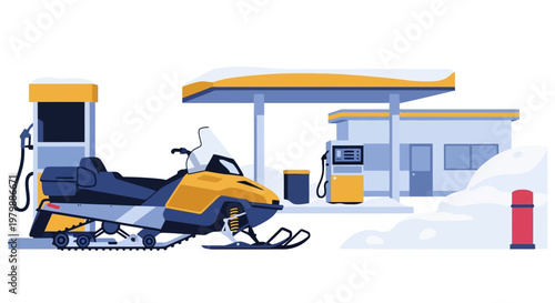 Yellow and black snowmobile at station.