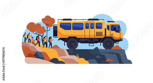Yellow Bus on Rocky Terrain Crossing.