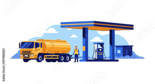 Yellow Truck Refueling at Gas Station.