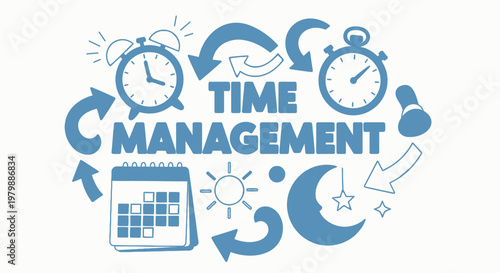 A graphic illustration of time management concepts with clocks and calendar