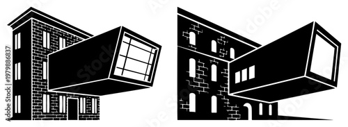 Modern architectural extension on brick building facade in black and white style