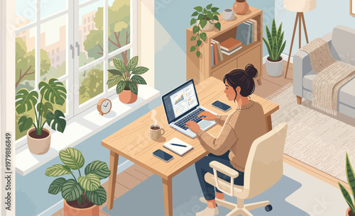 oung female freelancer working on laptop at a cozy desk with indoor plants, modern pastel flat vector illustration concept of remote work