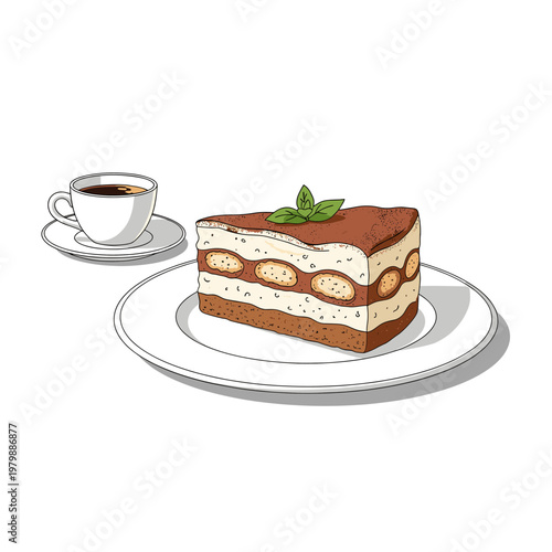 A delicious slice of tiramisu cake with a dusting of cocoa powder and a sprig of mint, served with a cup of black coffee on the side.
