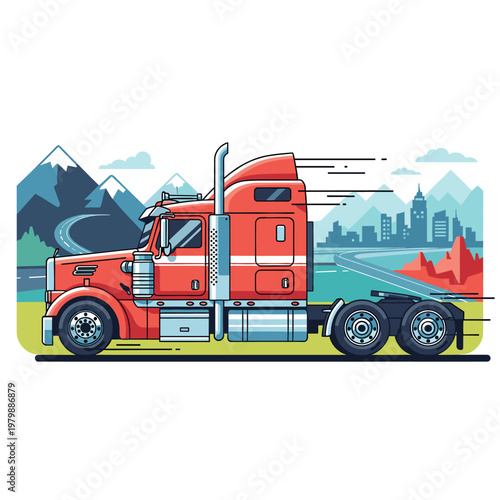 A vibrant red semi-truck drives quickly on a highway with mountains and a city skyline in the background, depicted in a clean vector art style.