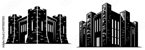 Medieval castle and stone block architecture silhouettes in bold black and white style