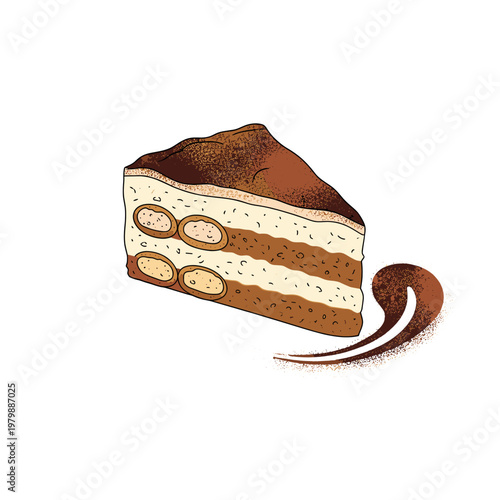 A detailed illustration of a slice of classic Italian tiramisu cake with layers of cream and coffee-soaked ladyfingers, dusted with cocoa powder, served with a chocolate swirl.