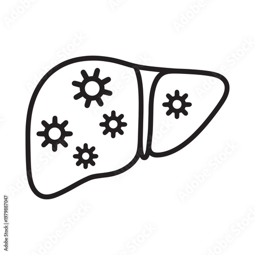 Simple line drawing of a human liver with scattered circular markings