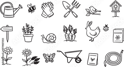 Line icons of gardening tools and garden elements