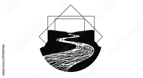 River flows through a geometric landscape framed by diamond shapes and lines.