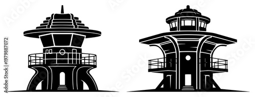 Futuristic control tower and observation building silhouettes in architectural vector style