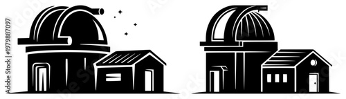 Astronomical observatory domes and scientific research building silhouettes in vector style