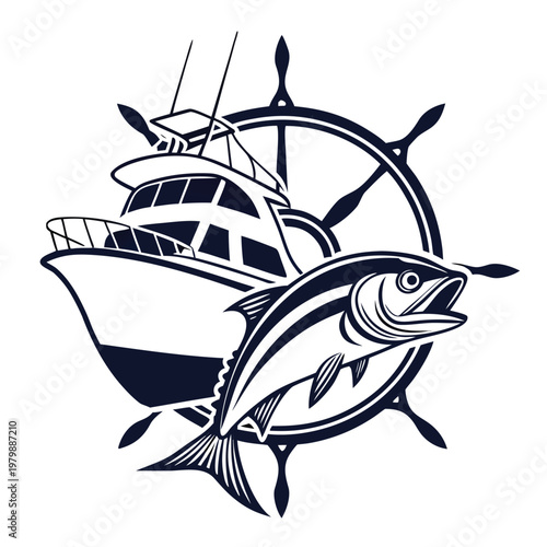 Bold fishing charter logo combining fish and boat elements. Perfect for fishing tours, charter businesses, and marine services.