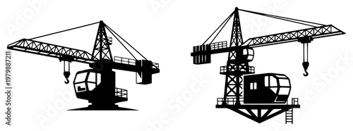 Tower cranes for heavy construction and industrial building in black and white silhouette style