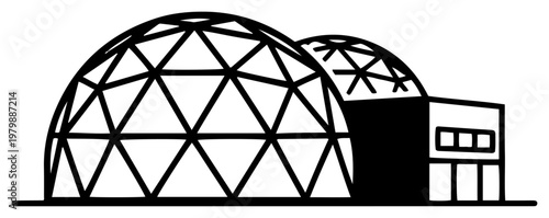 Geodesic dome structures and laboratory building side view in black and white vector style