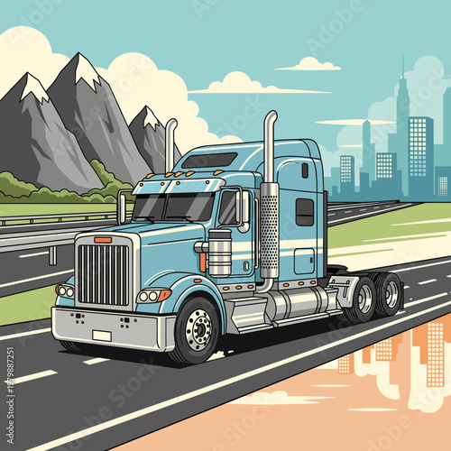 A blue semi-truck drives on a highway with mountains and a city skyline in the background, depicted in a cartoon style.