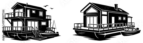 Tableau sur toile Houseboat floating homes on water with docked boats in black and white silhouett