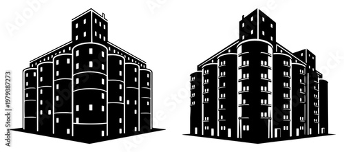 Industrial factory building with storage silos in perspective black and white minimalist style