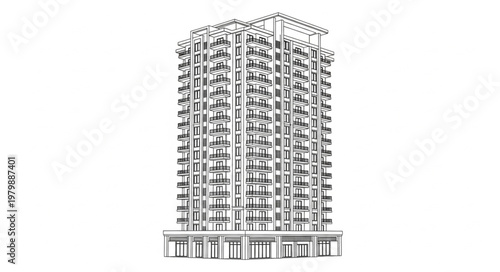 Tall residential building sketch architectural drawing.