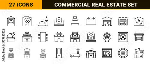 Minimalist city building and urban architecture line icon set for real estate.