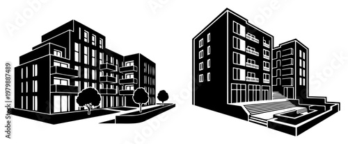 Modern apartment buildings with balconies and residential courtyards in minimalist architectural style