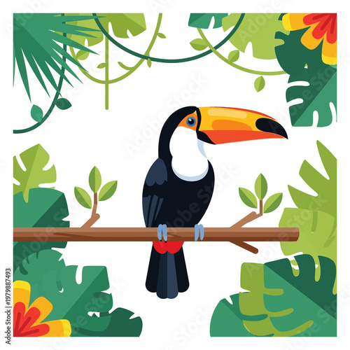 Toucan bird perched on a branch surrounded by tropical leaves and vines jungle