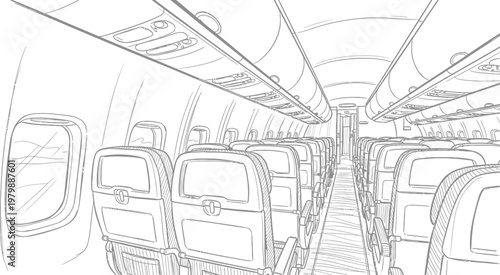 Interior view of a train with empty seats and aisle stretching to the rear.