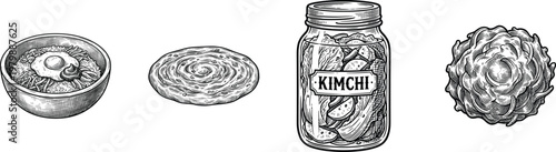 Kimchi Food Vector Illustration with Bowl and Jar