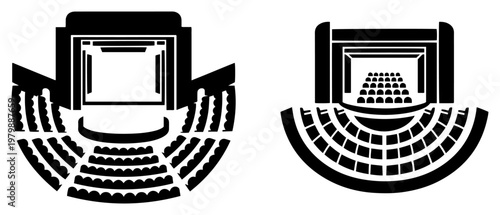 Theater seating chart and auditorium stage layout in architectural symbol style