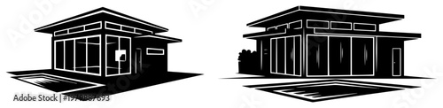 Modern villa houses with flat roofs and swimming pools in black and white silhouette style