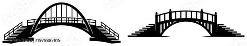 Pedestrian bridge structures with stairs and arched railings in black and white vector style
