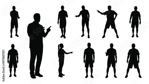 A collection of black silhouettes depicts ten diverse people in various standing poses with differing gestures high quality professional detailed modern