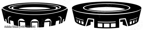 Sports stadium and modern arena silhouettes with circular seating architecture in black and white style
