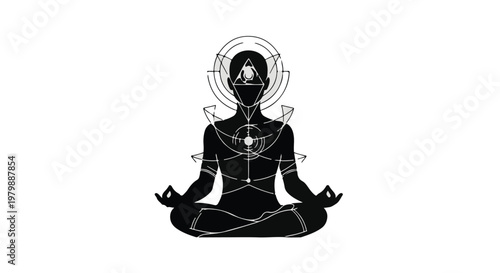 Meditator sits in a peaceful pose surrounded by complex geometric energy lines.