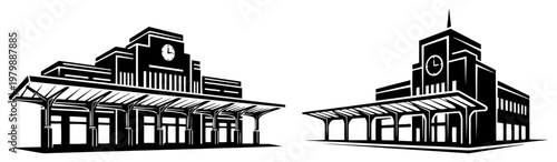 Railway station building with clock tower and platforms in black and white architectural style