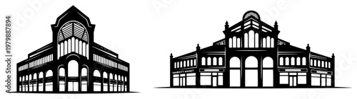 Historic market hall and glass palace architecture icons in black and white graphic style
