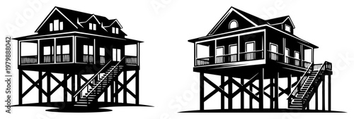 Stilt house on coastal beach in minimalist black and white line art style